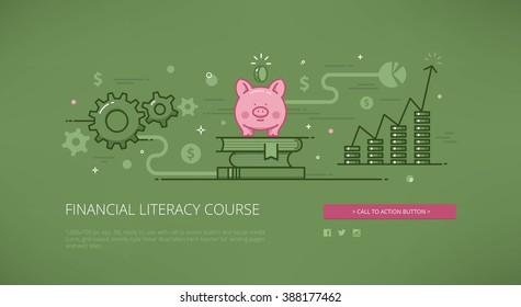 Financial literacy course modern line vector illustration for web banners, hero images, web sites and landing pages with call to action button and social media icons. Ready for use.