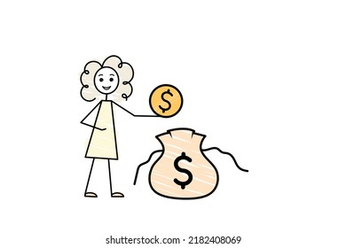 financial literacy, cute curly female character collect golden coins in a huge money bag, woman makes savings, bank deposit, sketch finance budget, cartoon doodle vector illustration