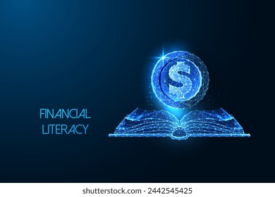 Financial literacy, economics education futuristic concept with open book and dollar coin in glowing low polygonal style on dark blue background. Modern abstract connection design vector illustration.