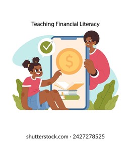 Financial literacy education. Child learning about money and savings through interactive digital tools and mothers help. Economic skills for future success. Flat vector illustration