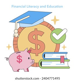 Financial Literacy and Education concept. Empowering savings and investment knowledge with books, piggy bank, and graduation cap. Smart money management. Flat vector illustration.