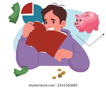 Financial literacy, education concept. Person studying economics, finance management, accounting, money investing. Student reading business book. Flat vector illustration isolated on white background.