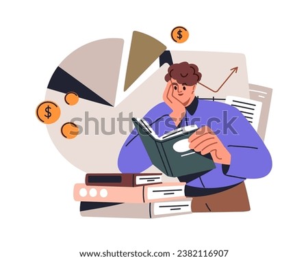 Financial literacy, education concept. Person studying economics, finance management, accounting, money investing. Student reading business book. Flat vector illustration isolated on white background