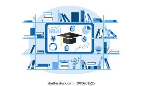 Financial literacy education concept. Shelf with books, tablet and currency signs