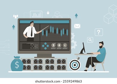 Financial literacy education and crypto currency concept. Student learning at trading school or academy. Business coach or teacher talking about trading, investment and mining. vector illustration