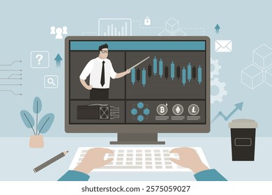 Financial literacy, education and crypto trading learning concept. Student learning at trading school or academy. Business coach, teacher talking about investment and mining. flat vector illustration