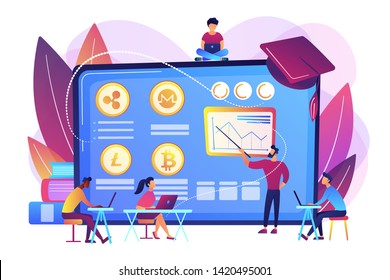 Financial literacy education, e business school. Cryptocurrency trading courses, crypto trade academy, learn how to trade cryptocurrency concept. Bright vibrant violet vector isolated illustration