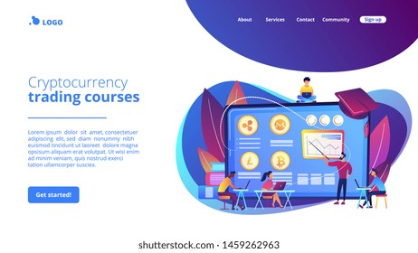 Financial Literacy Education, E Business School. Cryptocurrency Trading Courses, Crypto Trade Academy, Learn How To Trade Cryptocurrency Concept. Website Homepage Landing Web Page Template.