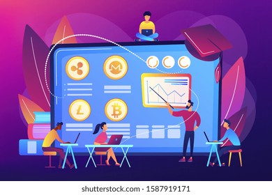 Financial literacy education, e business school. Cryptocurrency trading courses, crypto trade academy, learn how to trade cryptocurrency concept. Bright vibrant violet vector isolated illustration