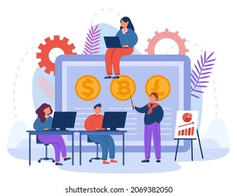 Financial literacy education flat vector illustration. Young people learning how to trade cryptocurrency at trading courses. Business, finance, trading concept