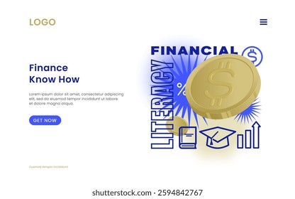 Financial Literacy education vector web template. Online Investment course creative concept website banner. Finance and money knowledge 3D render style brain money illustration header. Isolated