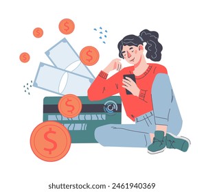 Financial literacy and expense planning. Calculation of profit from investment assets and budget management. Personal finance, cost cutting concept, flat vector illustration on white background.