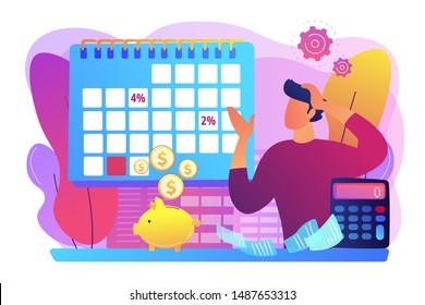 Financial literacy, finances management, credit plan evaluation. Early payment discount, prompt payment cash discount, pay early pay less concept. Bright vibrant violet vector isolated illustration