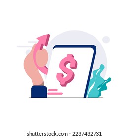 financial literacy flat illustration, hand character holding arrow beside tablet with dollar bill icon. blue pink color. isolated white. suitable for web design and mobile applications