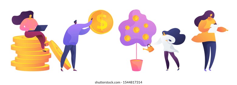 Financial literacy flat vector illustrations set. Freelancer working with laptop. Businessman holding huge coin. Investor watering money tree, deposit investment metaphor. Businesswoman with clipboard