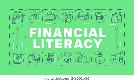 Financial literacy green word concept. Family saving, paying bills. Personal finance. Horizontal vector image. Headline text surrounded by editable outline icons. Hubot Sans font used