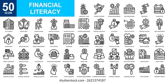 Financial Literacy icon collection set. Financial evaluation, investment strategy, financial management, education cost, economics icon. Simple line vector.	