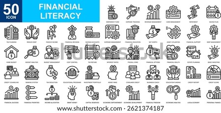 Financial Literacy icon collection set. Financial evaluation, investment strategy, financial management, education cost, economics icon. Simple line vector.	
