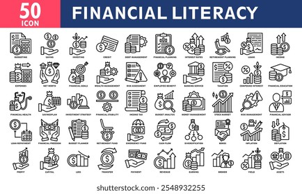 Financial Literacy Icon Set Collection. Simple Line Vector