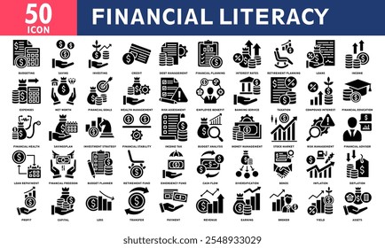 Financial Literacy Icon Set Collection. Simple Glyph Vector