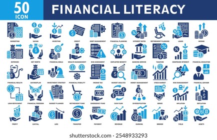 Conjunto de iconos de alfabetización financiera Colección. Vector de relleno de color simple