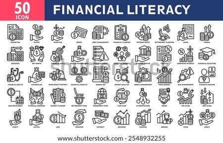 Financial Literacy Icon Set Collection. Simple Line Vector