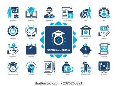 Financial Literacy icon set. Knowledge, Spending, Management, Business, Savings, Efficiency, Income, Planning. Duotone color solid icons