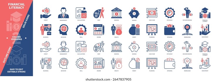 Financial Literacy icon set. Knowledge, Spending, Management, Business, Savings, Efficiency, Income, Planning. Duotone color solid and editable outline icons