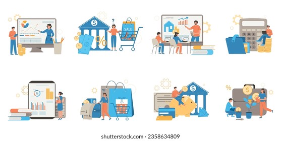 Financial literacy icons set with money symbols flat isolated vector illustration
