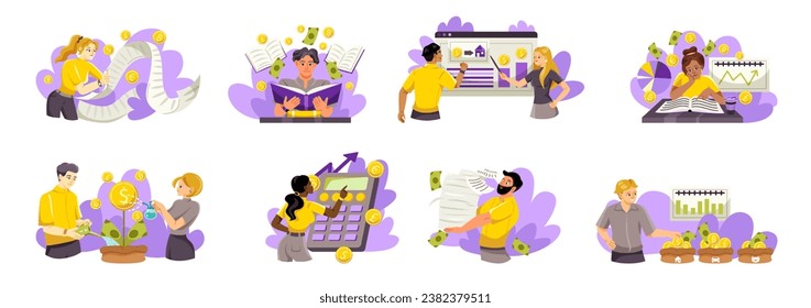 Financial literacy illustration set. People invest and save money, manage personal finances or family budgets and reduce expenses. Cartoon flat vector collection isolated on white background