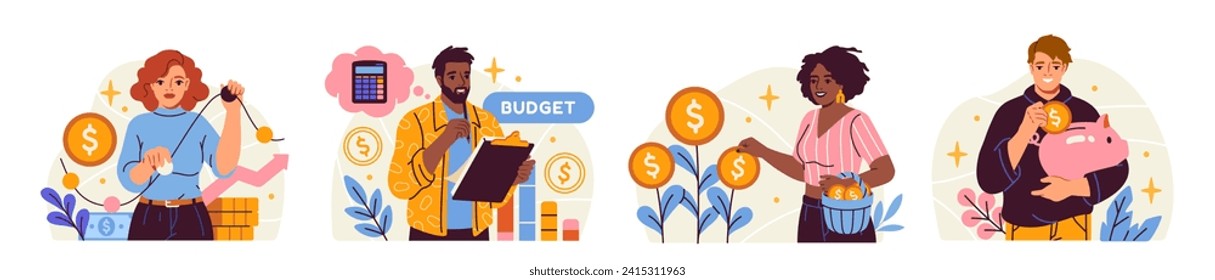 Financial literacy illustration set. People manage personal finance or budget, investing and saving money. Revenue growth and expense analysis. Cartoon flat vector collection isolated on background