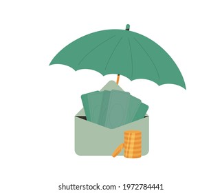 Financial literacy and insurance. Money savings and protection. Envelope with money and stack of coins under an umbrella. Vector flat illustration.