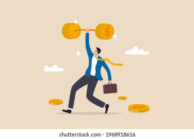 Financial literacy or investment advisor, wealth management concept, strong businessman lifting heavy money coin weights.