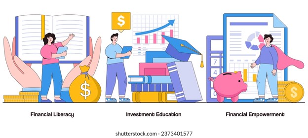 Alfabetización financiera, educación para la inversión, concepto de empoderamiento financiero con carácter. Conjunto de ilustraciones vectoriales abstractas de educación financiera. Capacidades de presupuestación, metáfora del conocimiento de la inversión.