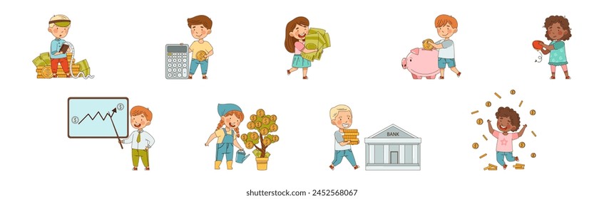 Financial Literacy with Little Children Dealing with Money Cash Vector Set