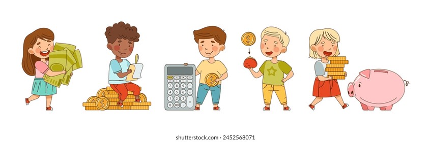 Financial Literacy with Little Children Dealing with Money Cash Vector Set