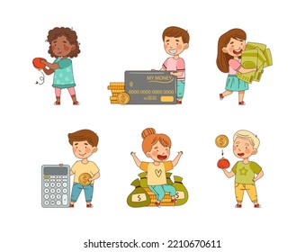 Financial Literacy With Little Kids Having Money Saving Vector Set