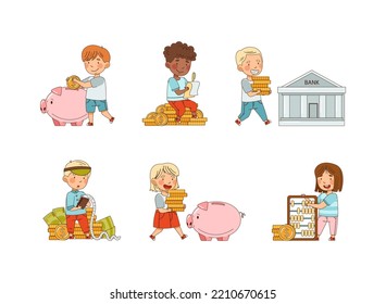 Financial Literacy With Little Kids Having Money Saving Vector Set