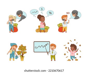 Financial Literacy With Little Kids Having Money Saving Vector Set