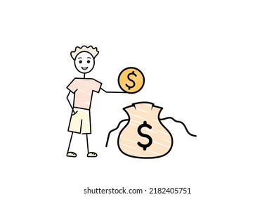 financial literacy, male character collect golden coins in a huge money bag, boy makes savings, bank deposit, sketch finance budget, cartoon doodle vector illustration