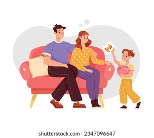 Financial Literacy with Mom and Dad with Son Teaching Saving Money Vector Illustration