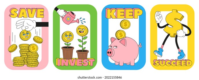 Financial literacy. Money, finance, business, investment vector illustrations with funny cartoon abstract characters. Set of stickers, posters, prints in trendy cartoon weird style.