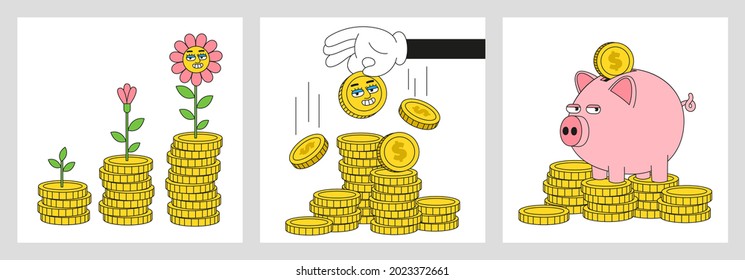 Financial literacy. Money, finance, business, investment vector illustrations with funny cartoon abstract characters. Set of stickers, posters, prints in trendy cartoon weird style.