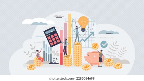 Financial literacy and money or investment management tiny person concept. Budget planning and spending knowledge with ability to save finances vector illustration. Salary and payment accounting.