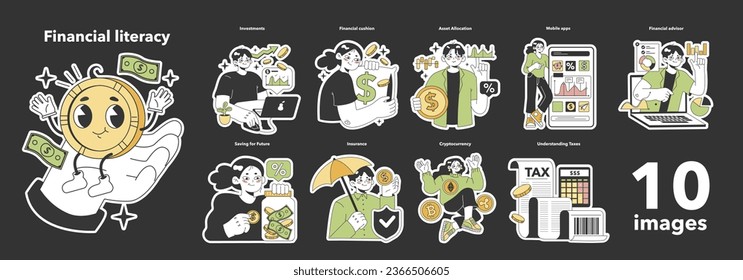 Financial literacy nighmode or darkmode set. Personal budget development, money planning and control. Currency balance, assets management. Financial well-being. Flat vector illustration