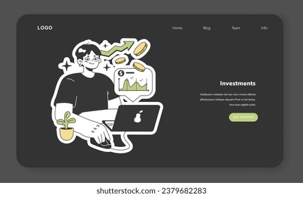 Financial literacy nighmode or darkmode web banner or landing page. Young man maintain and increase his money on investitions or bank deposit. Assets management. Flat vector illustration