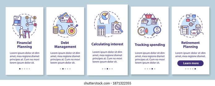 Financial literacy objectives onboarding mobile app page screen with concepts. Money income walkthrough 5 steps graphic instructions. UI vector template with RGB color illustrations