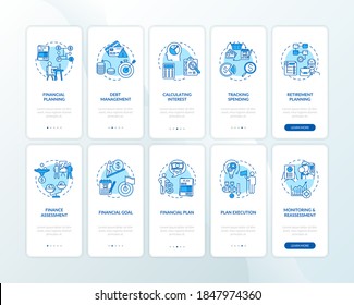 Financial literacy onboarding mobile app page screen with concepts set. Money investment plan. Wealth future walkthrough 5 steps graphic instructions. UI vector template with RGB color illustrations