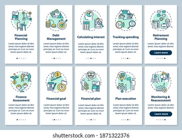 Financial literacy onboarding mobile app page screen with concepts set. Money freedome plan. Wealth goal walkthrough 5 steps graphic instructions. UI vector template with RGB color illustrations