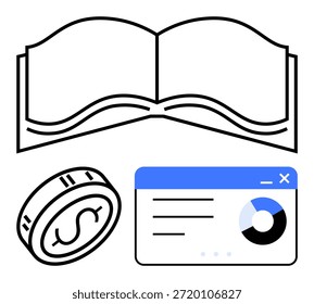 Financial literacy, online learning, data visualization, resource management, monetary systems, analytics. Open book, coin and chart. Financial literacy and online learning concepts